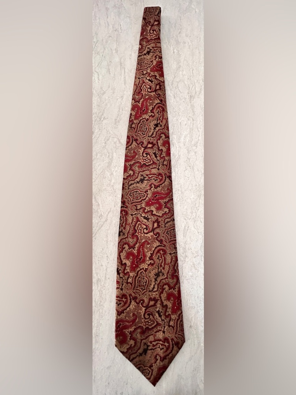 Vintage Christian Dior Paisley Polyester Tie in Maroon, Gold, and Black Shades